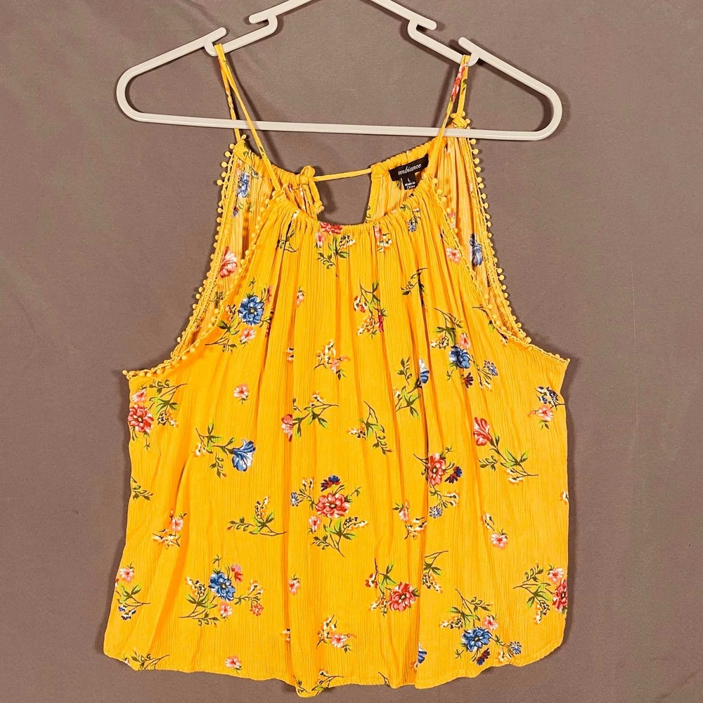 Ambiance Size Large Floral Halter Top Yellow Pom Pom Trim Keyhole Back Blouse